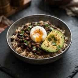 Illustration for the Black bean rice bowl with egg and avocado meal