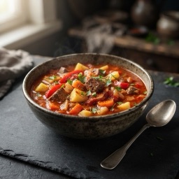 Illustration for the Bograch beef and potato soup meal