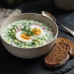 Illustration for the Cold buttermilk and cucumber soup with rye toast meal