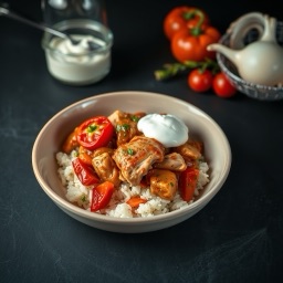 Illustration for the Chicken paprikash with yogurt over rice meal