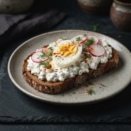 Illustration for the Cottage cheese spread with caraway, paprika and egg on rye toast meal