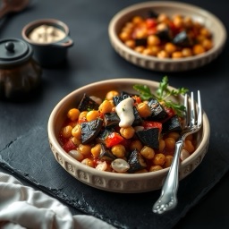 Illustration for the Eggplant and chickpea bake with tahini meal