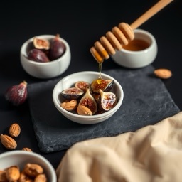 Illustration for the Fig and almond snack plate with honey meal