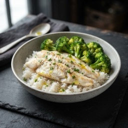 Illustration for the Flounder rice bowl with broccoli meal