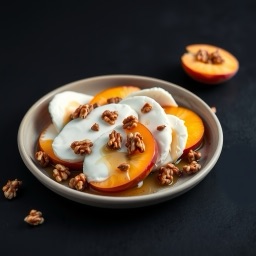 Illustration for the Mozzarella and peach plate with walnuts meal