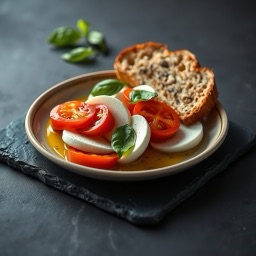 Illustration for the Mozzarella plate with tomato, basil and bread meal