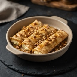 Illustration for the Baked nalysnyky with cottage cheese, honey and walnuts meal