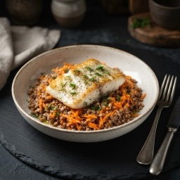 Illustration for the Ocean perch with buckwheat and carrot meal