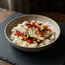 Illustration for the Foil-baked pollock with rice and vegetables meal