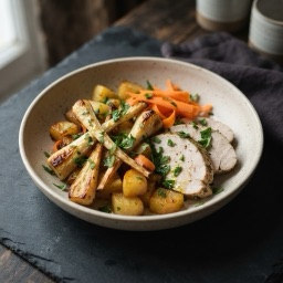 Illustration for the Roasted root vegetable plate with turkey meal
