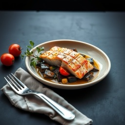 Illustration for the Baked salmon with eggplant and tomato meal
