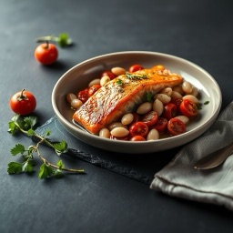 Illustration for the Baked salmon with white beans and tomato meal
