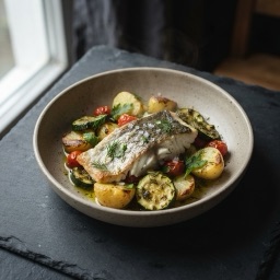 Illustration for the Foil-baked sea bass with potato meal