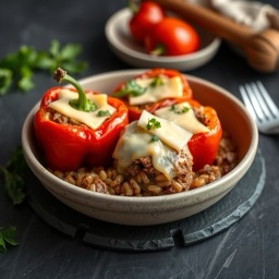 Illustration for the Peppers stuffed with beef and rice, baked with cheese meal