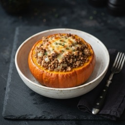 Illustration for the Stuffed baked pumpkin with buckwheat, turkey and cheese meal