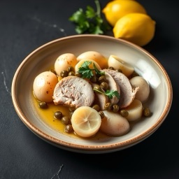 Illustration for the Turkey plate with capers, lemon and potato meal