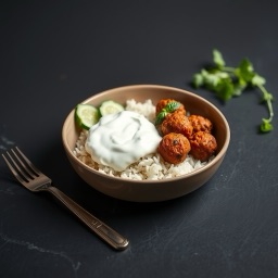 Illustration for the Turkey kofta bowl with rice and yogurt meal