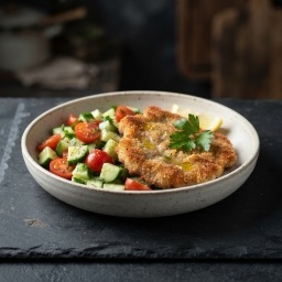 Illustration for the Baked veal schnitzel with salad meal