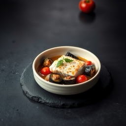Illustration for the Cod stewed with eggplant and tomato meal