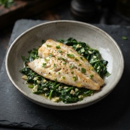Illustration for the Flounder with garlic spinach meal