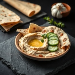 Illustration for the Hummus plate with pita and vegetables meal
