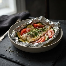 Illustration for the Foil-baked sea bass with vegetables meal