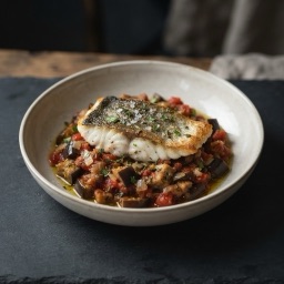 Illustration for the Sea bass with eggplant and tomato stew meal