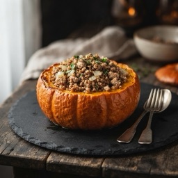 Illustration for the Stuffed baked pumpkin with buckwheat and turkey meal